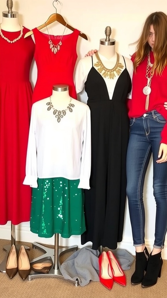 Stylish Christmas dinner outfits for women including a red dress, black jumpsuit, green skirt, and cozy sweater.
